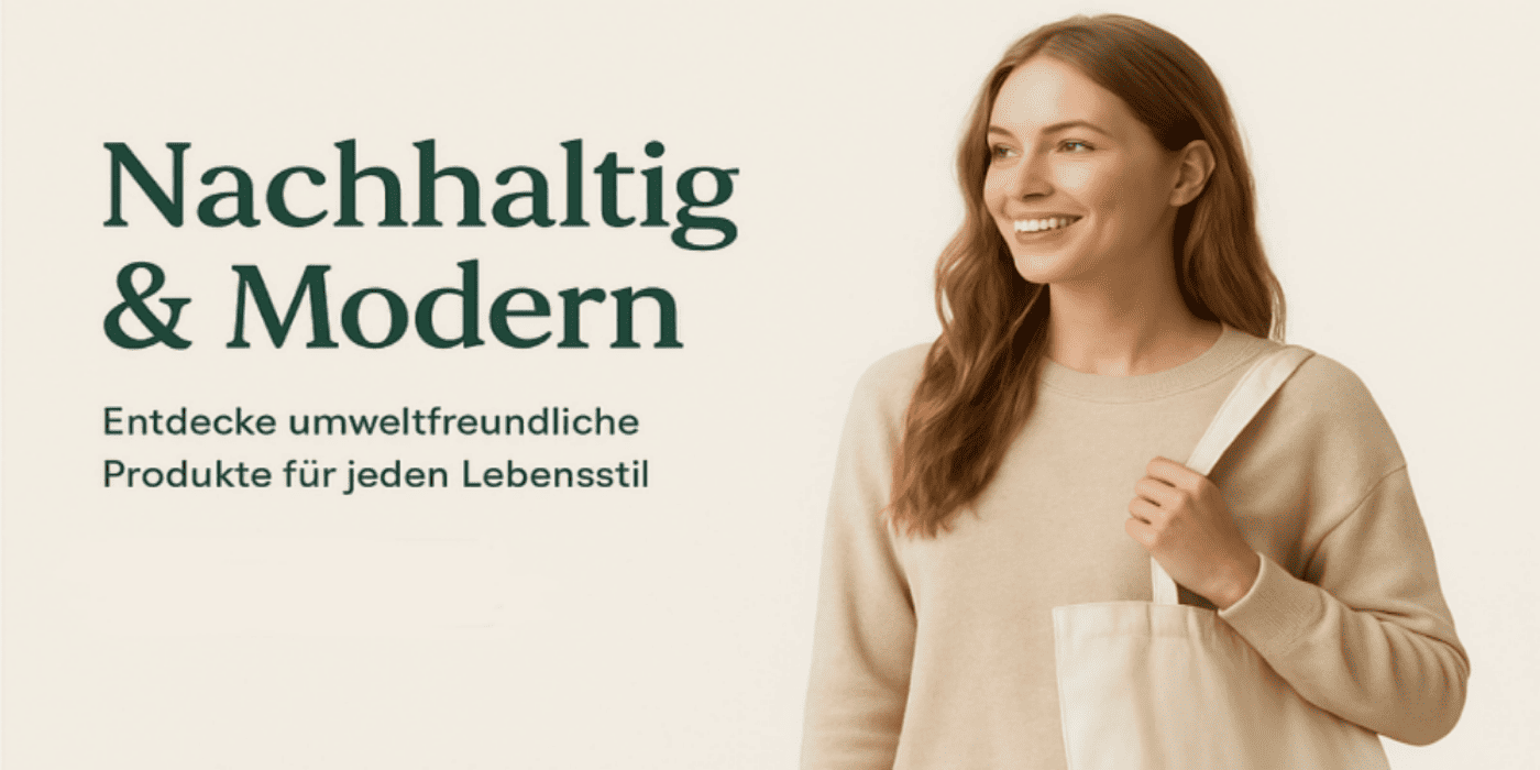 Junge Frau mit Stoffbeutel vor beigem Hintergrund - nachhaltiger und moderner Lifestyle, Headerbild für umweltfreundliche Produkte.