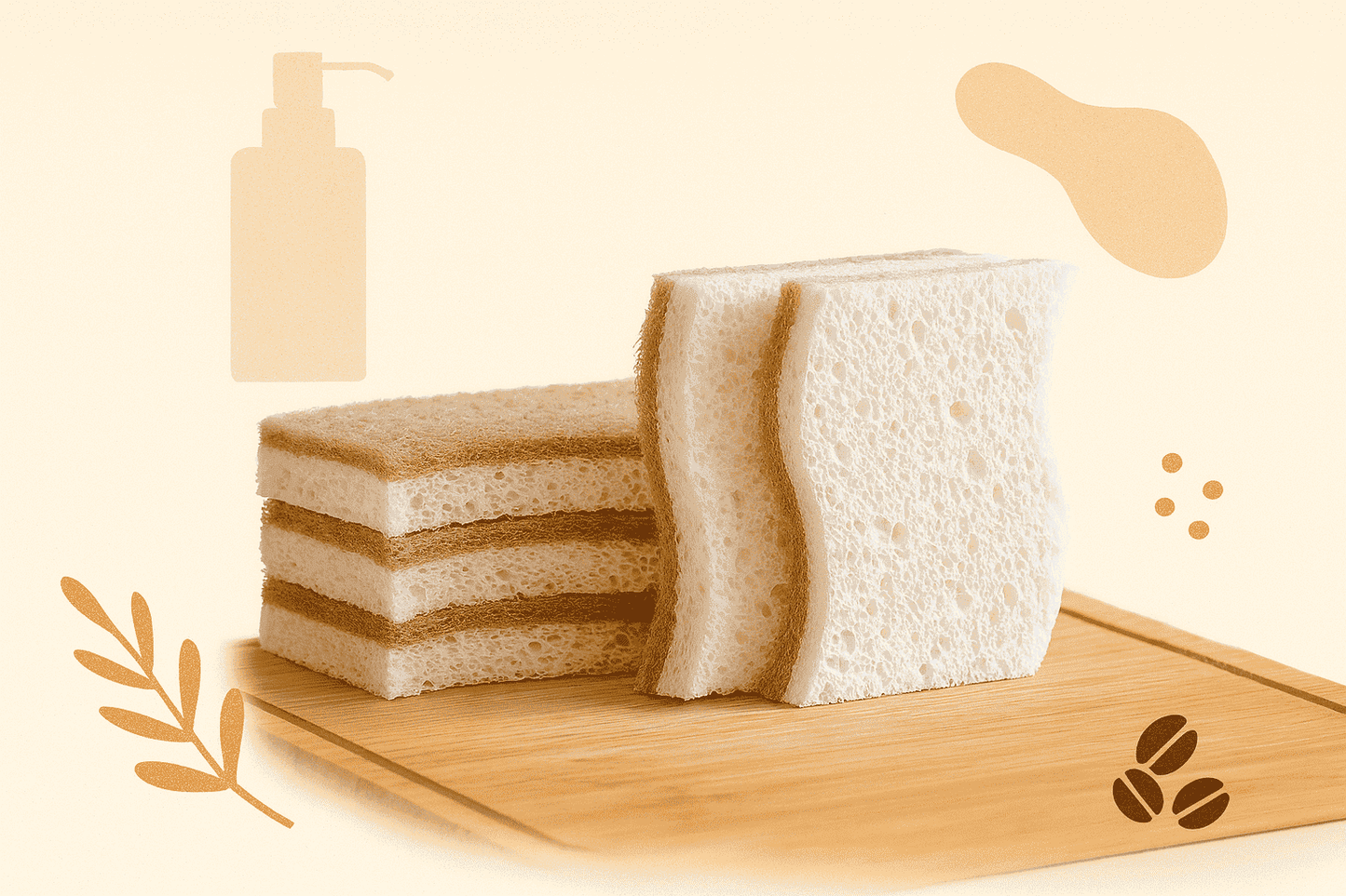 Nachhaltige Küchenschwämme aus Kokosfasern und Zellulose auf Holzbrett - umweltfreundliche Reinigungsprodukte für Küche.