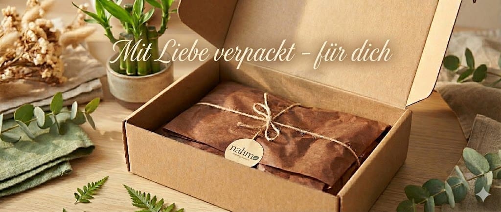 Geöffneter Versandkarton mit nachhaltiger, plastikfreier Verpackung in braunem Papier und Naturgarn. Banner mit dem Schriftzug: Mit Liebe verpackt - für dich
