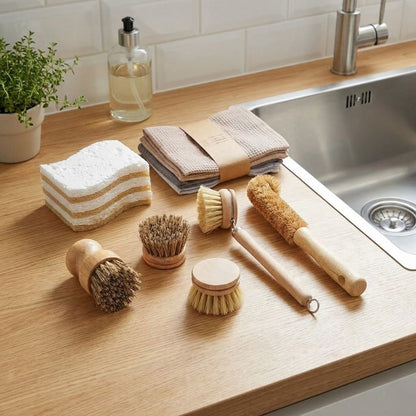 Nachhaltiges Spülset in der Küche mit Holzbürsten, Spülbürste, Kokosfaser-Schwamm und Geschirrtüchern auf Holzarbeitsplatte neben Spüle
