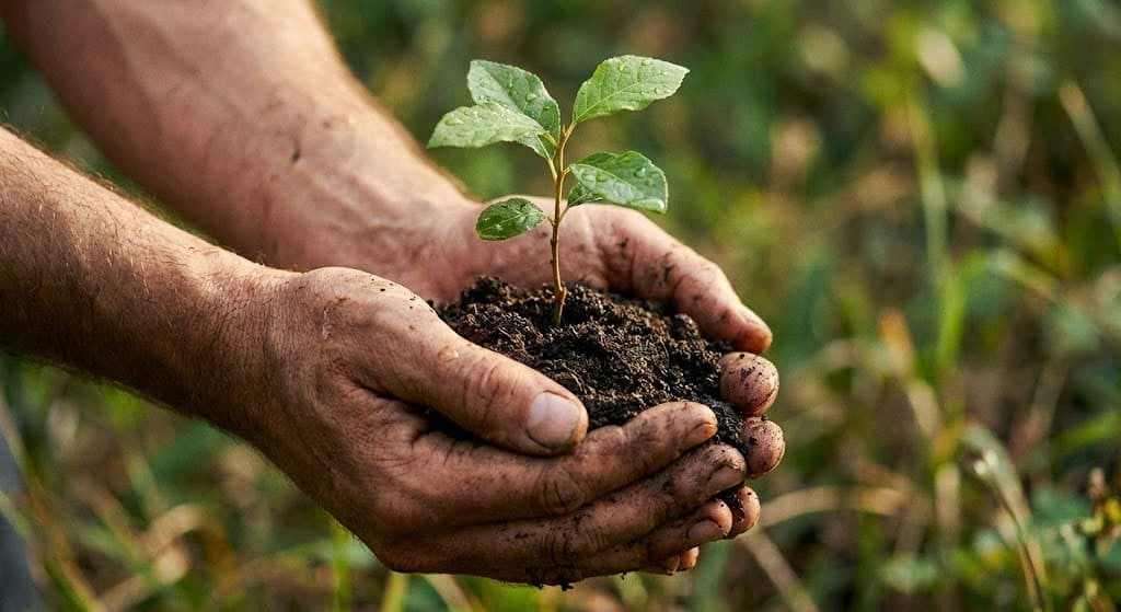 Zwei Hände halten dunkle Erde, aus der ein kleiner Baumsetzling wächst - Symbol für Nachhaltigkeit und Umweltschutz.