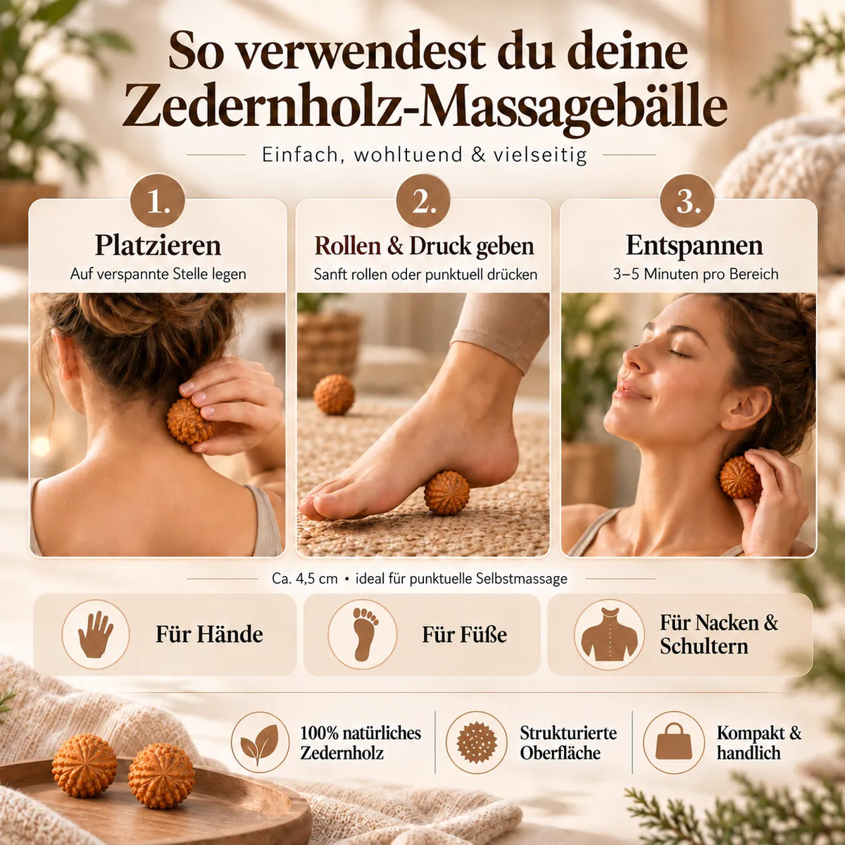 Anleitung zur Anwendung von Zedernholz-Igelbällen in drei Schritten für Nacken-, Schulter- und Fußmassage.