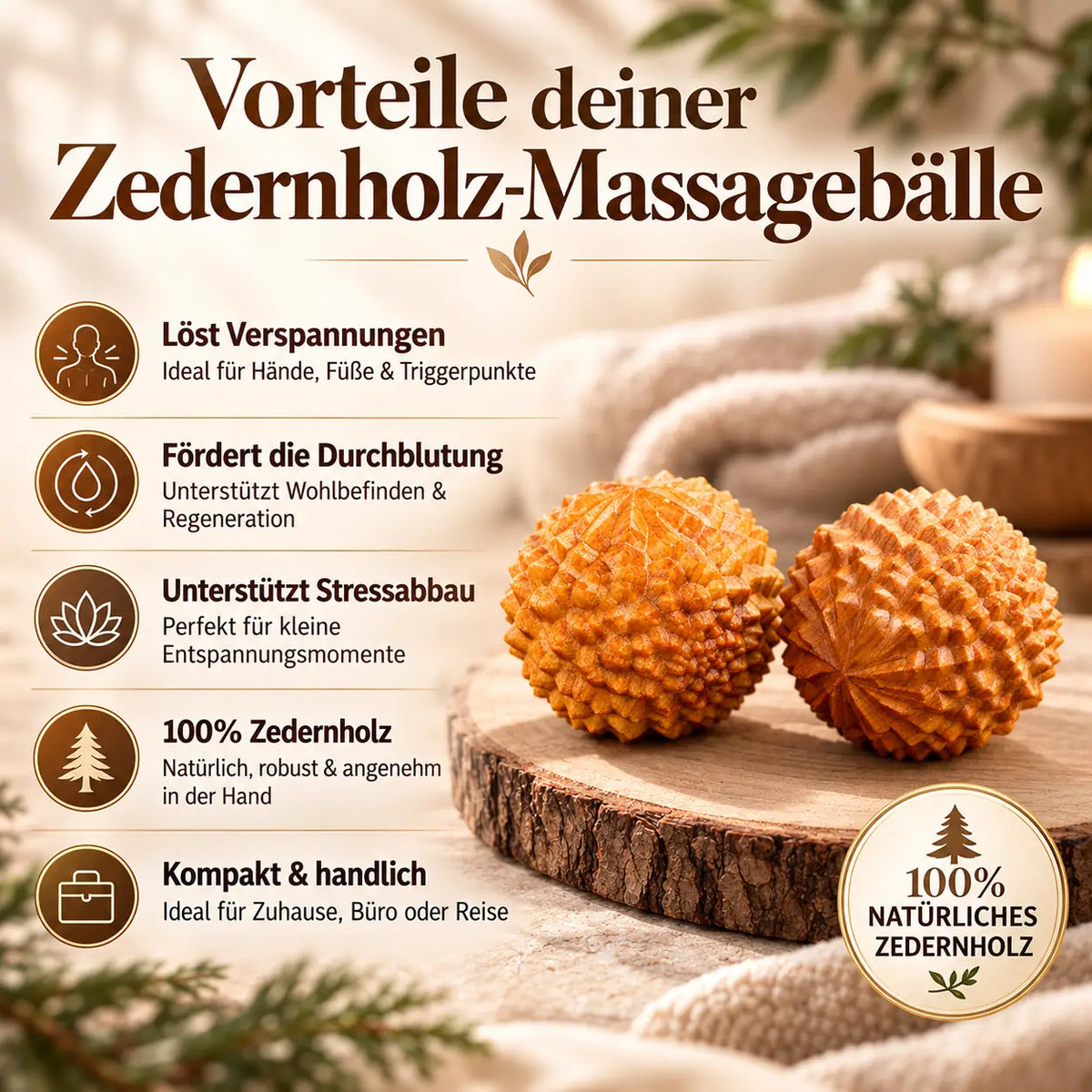 Vorteile der Zedernholz-Massagebälle: strukturierte Holz-Igelbälle für die Selbstmassage von Händen und Füßen.