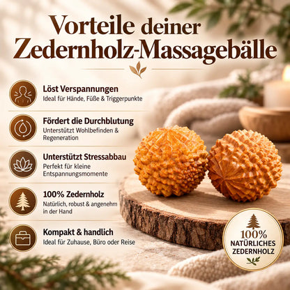 Vorteile der Zedernholz-Massagebälle: strukturierte Holz-Igelbälle für die Selbstmassage von Händen und Füßen.