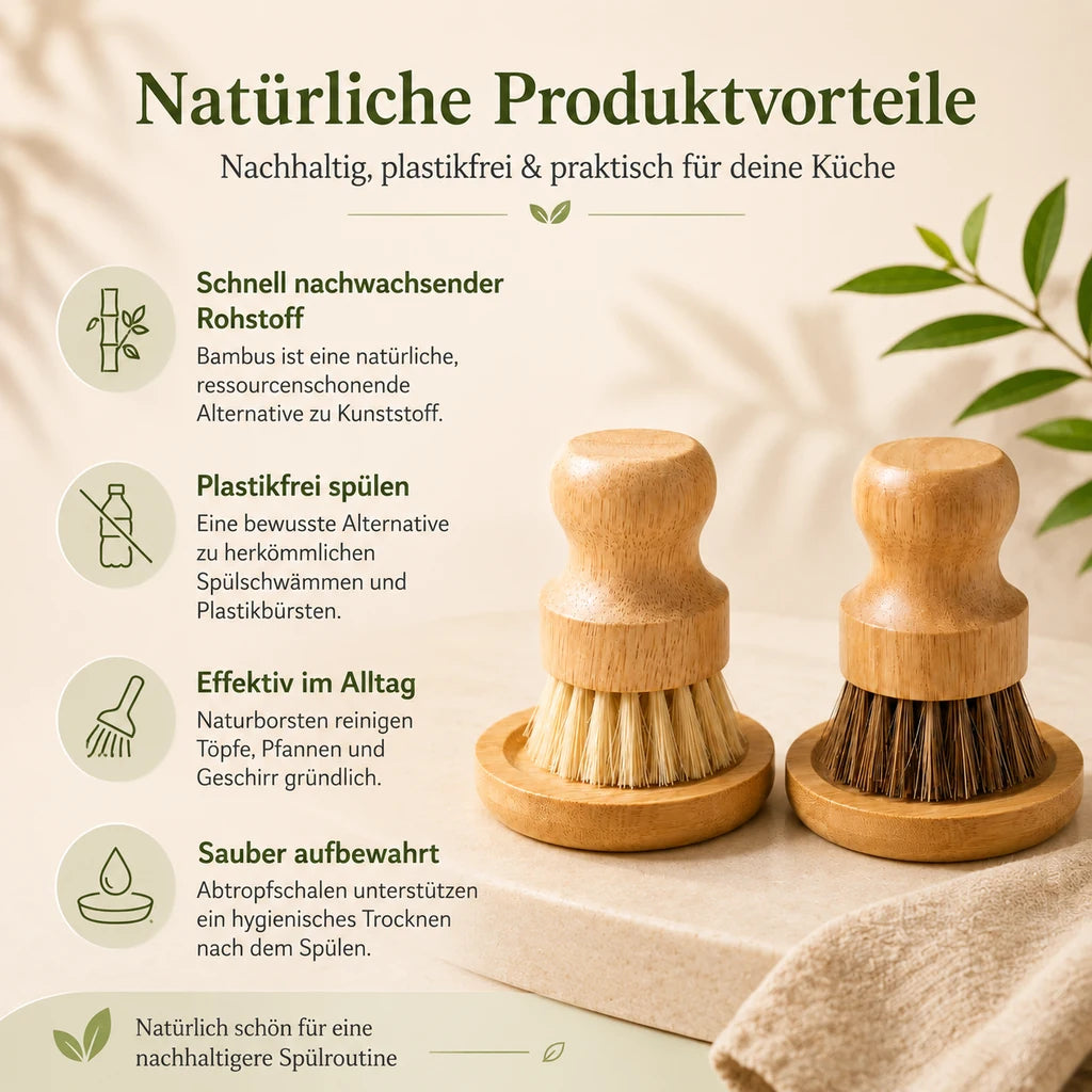 Natürliche Produktvorteile vom Bambus Spülbürsten Set mit plastikfreier Reinigung und Abtropfschalen