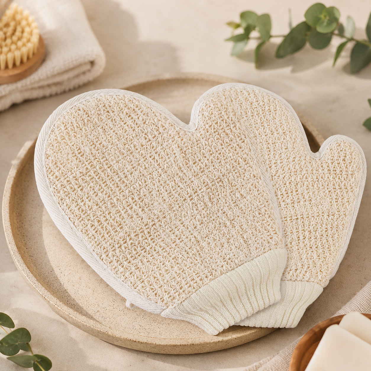 Peelinghandschuhe 2er Set in Beige für Körperpeeling unter der Dusche