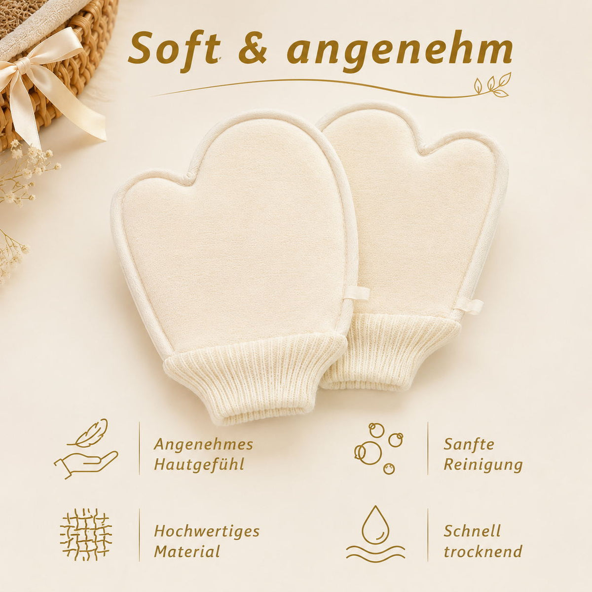 Weiche Rückseite der Peelinghandschuhe für eine angenehme und sanfte Reinigung