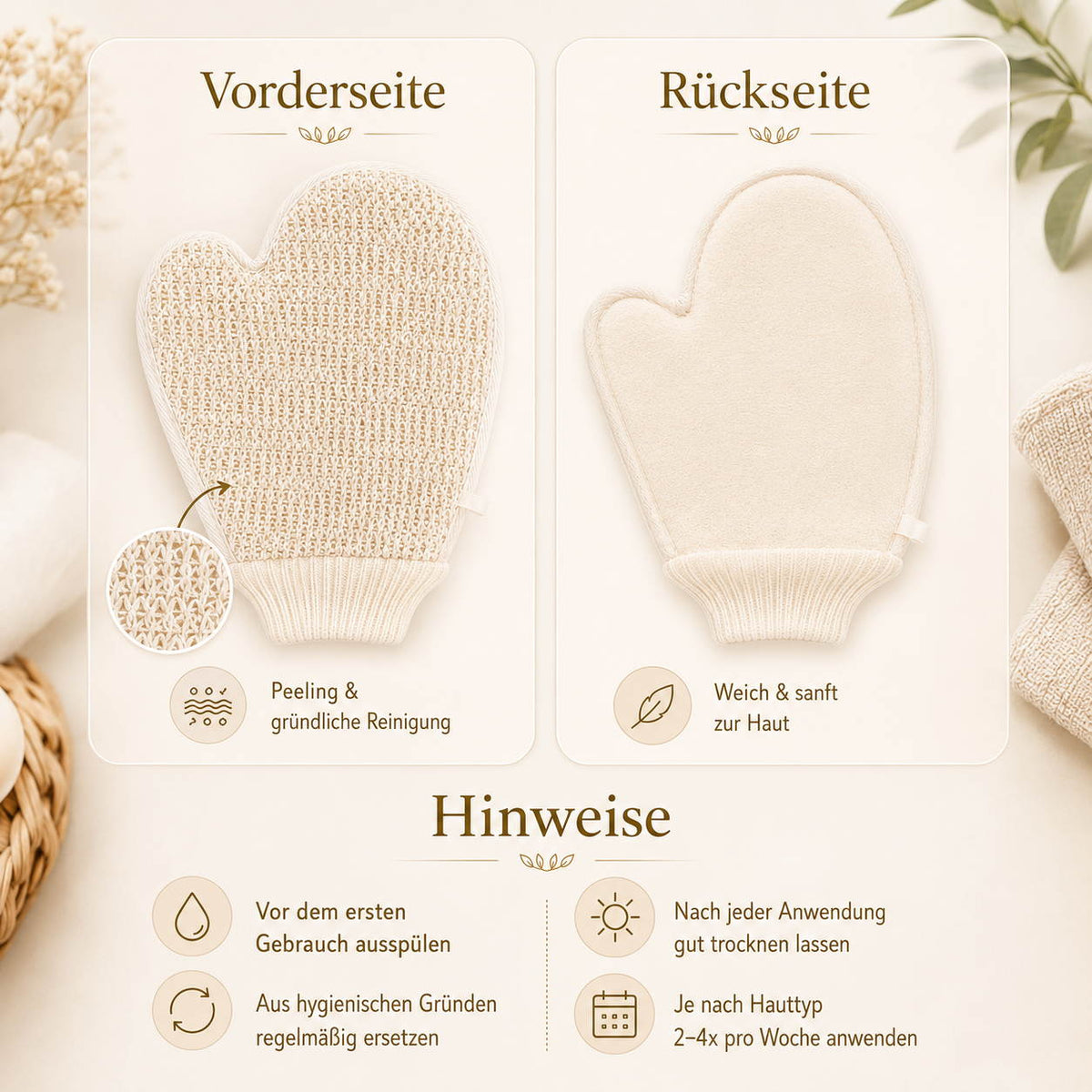 Peelinghandschuh mit strukturierter Vorderseite und weicher Rückseite im Vergleich