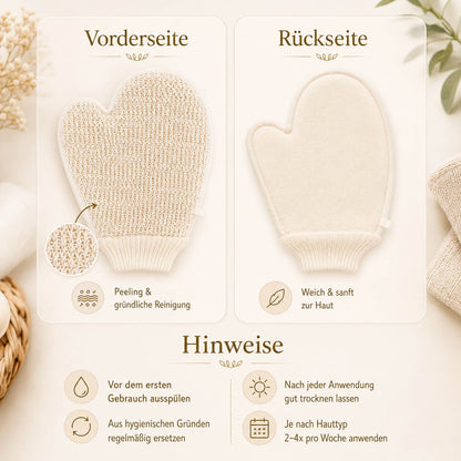 Peelinghandschuh mit strukturierter Vorderseite und weicher Rückseite im Vergleich