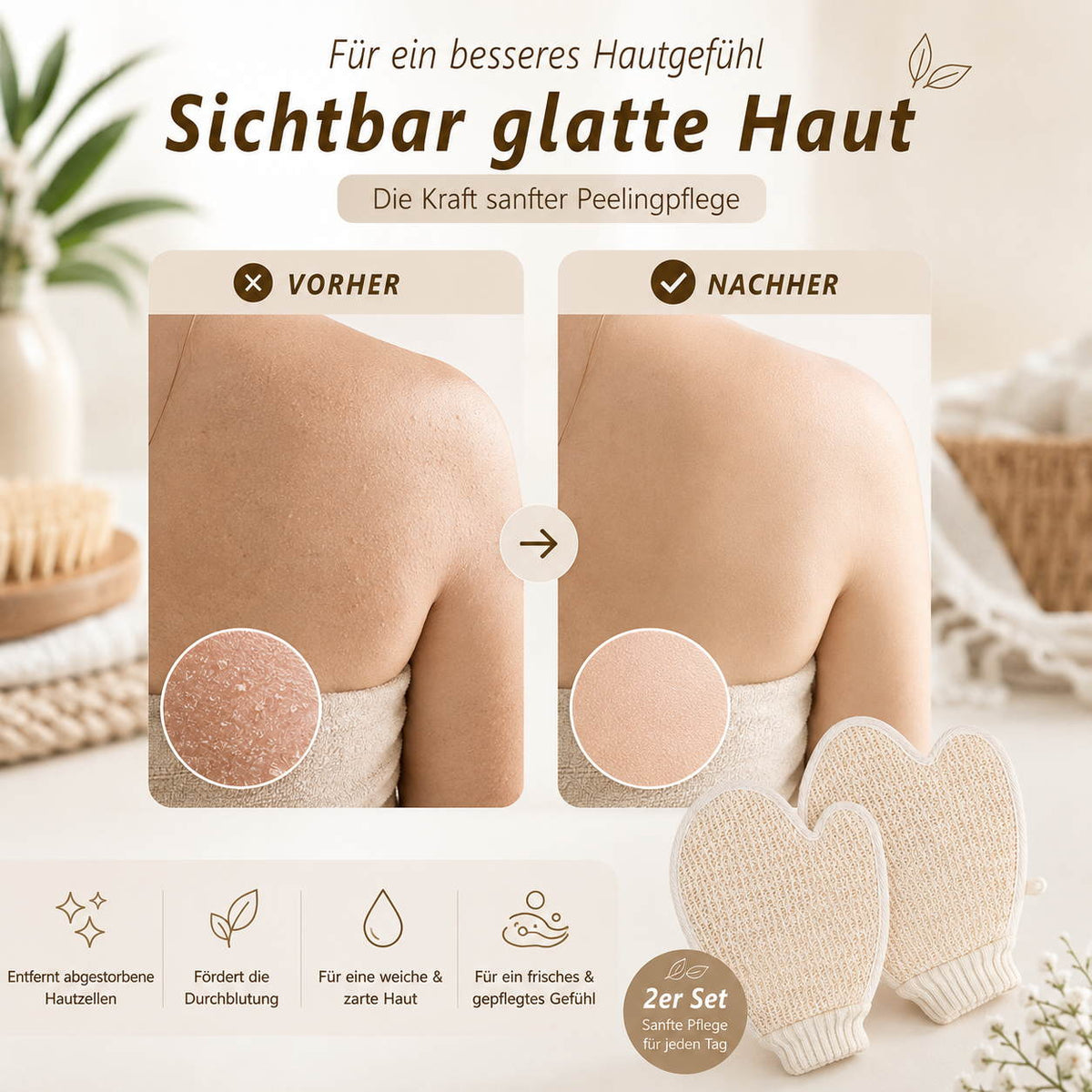 Vorher-Nachher Darstellung eines Körperpeelings mit Peelinghandschuhen für glatteres Hautgefühl