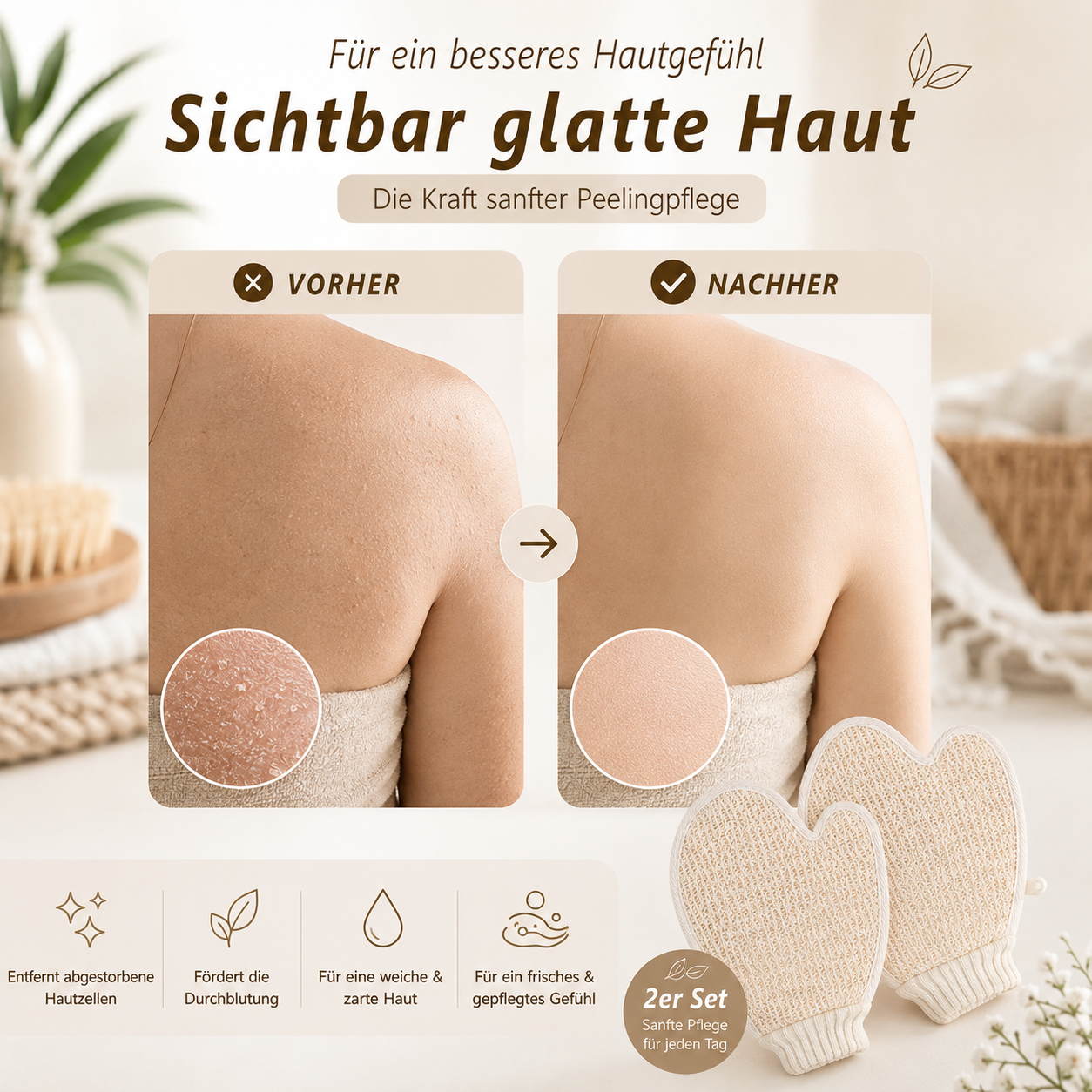 Vorher-Nachher Darstellung eines Körperpeelings mit Peelinghandschuhen für glatteres Hautgefühl