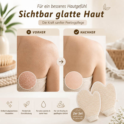 Vorher-Nachher Darstellung eines Körperpeelings mit Peelinghandschuhen für glatteres Hautgefühl