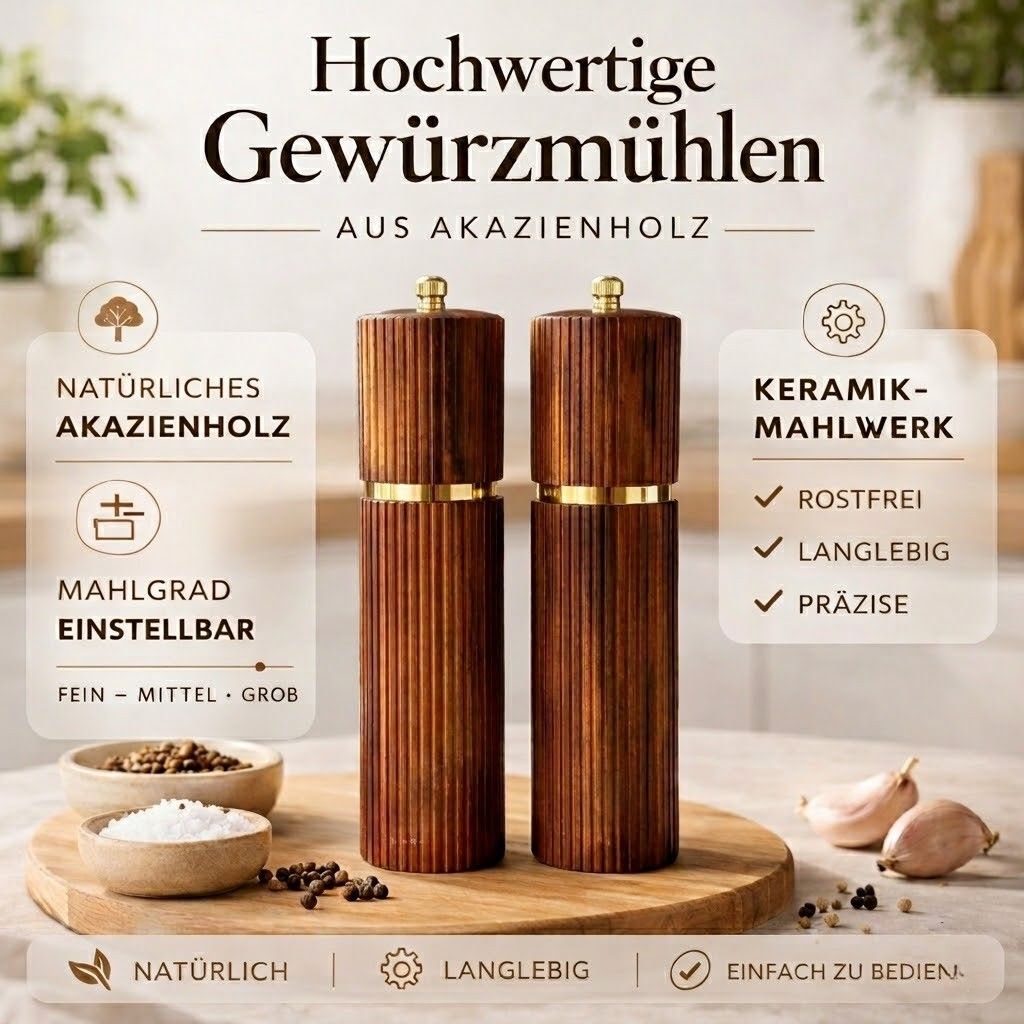 Pfeffermühle aus Akazienholz mit Edelstahlkern und Keramikmahlwerk Übersicht
