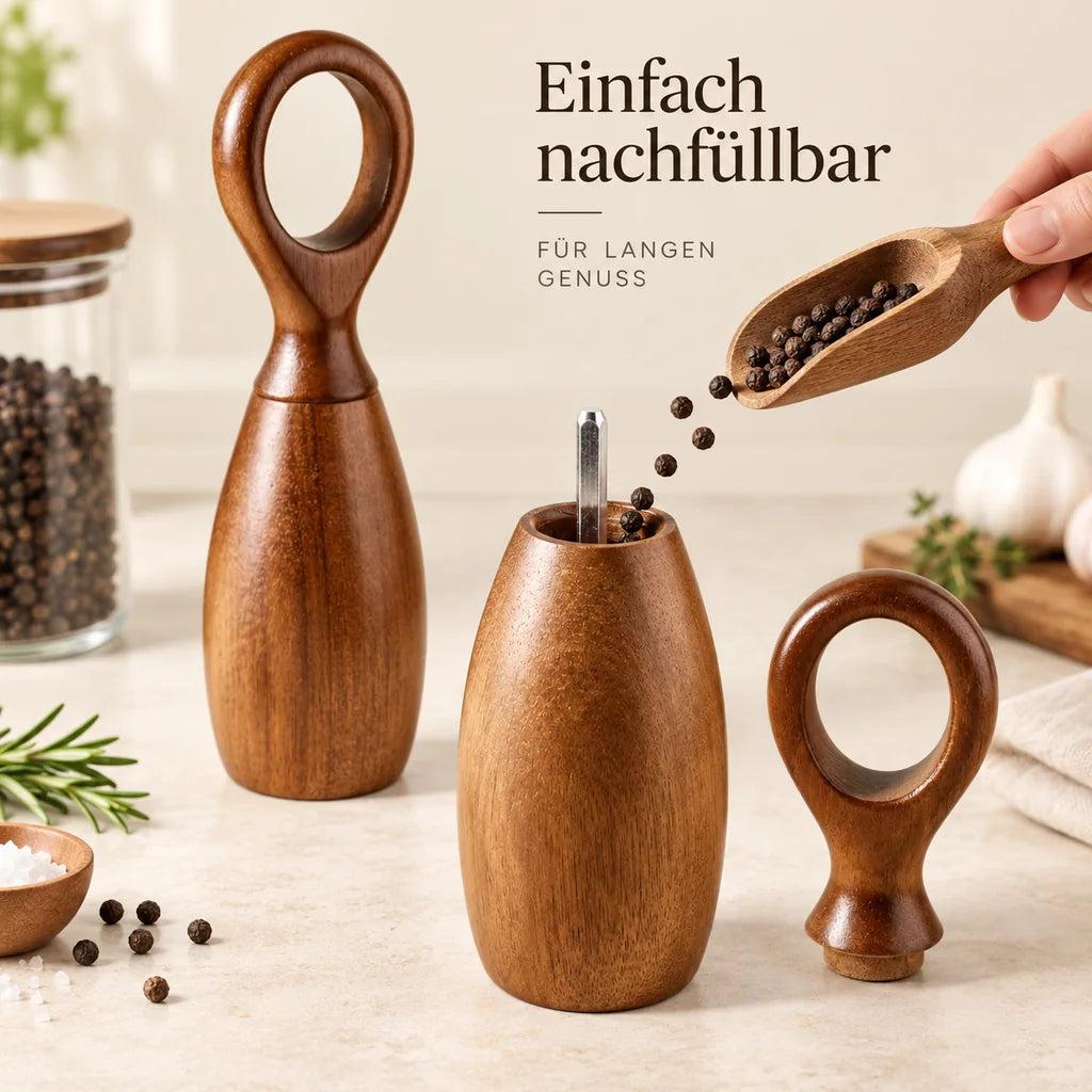 Pfeffermühle aus Akazienholz einfach nachfüllen mit Pfefferkörnern