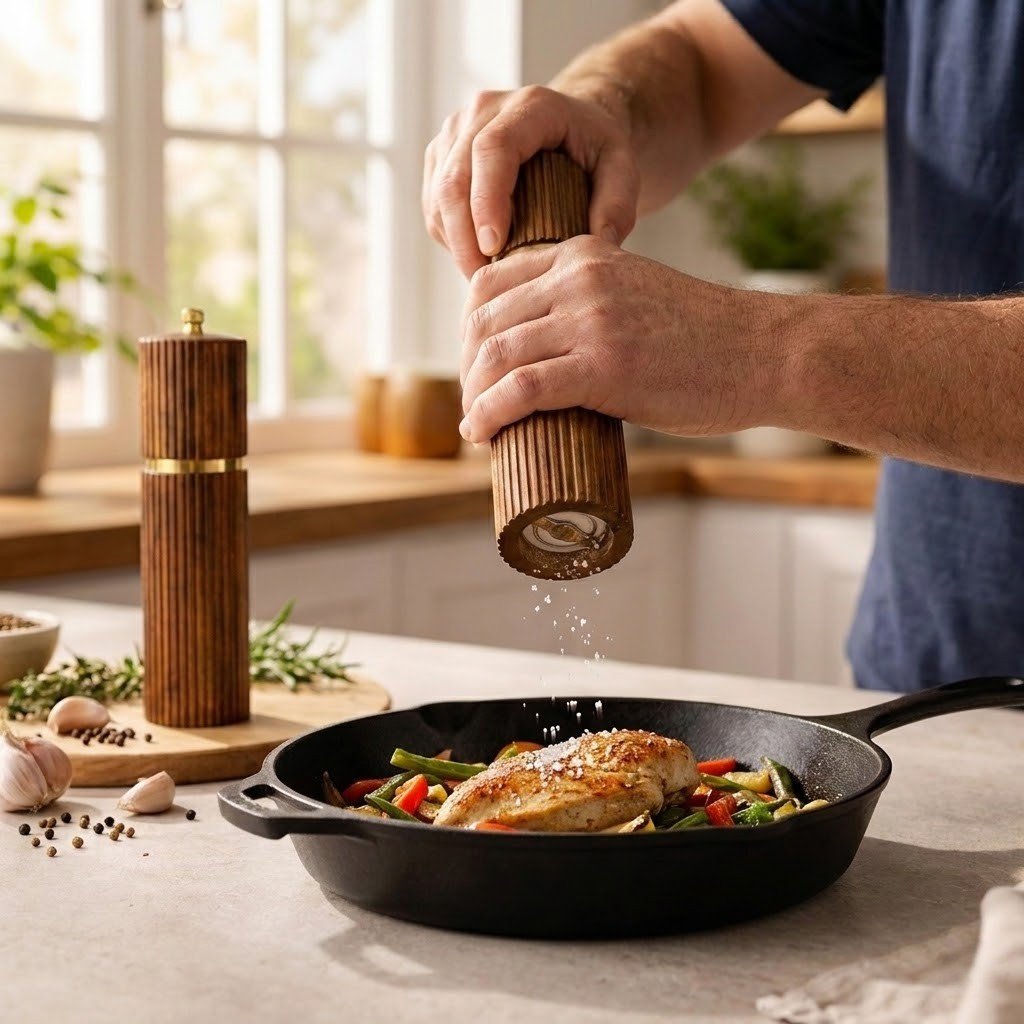 Pfeffermühle beim Kochen in der Küche mit frischen Gewürzen