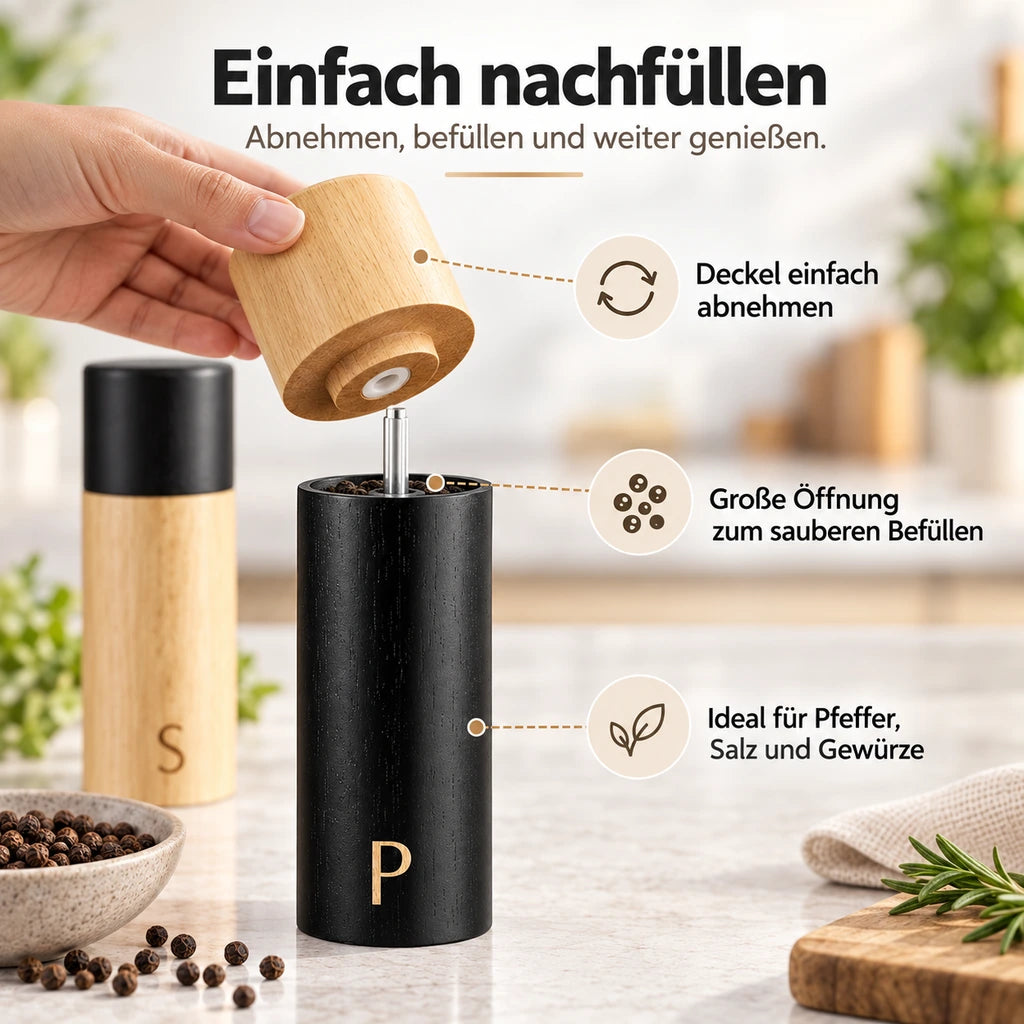 Infografik zum einfachen Nachfüllen der Pfeffermühle mit abnehmbarem Holzdeckel.
