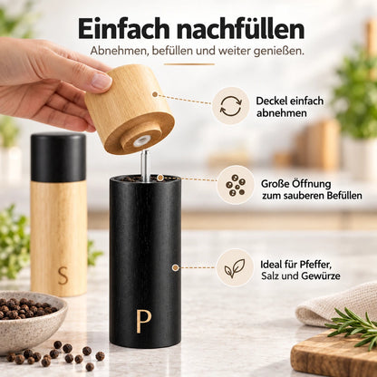 Infografik zum einfachen Nachfüllen der Pfeffermühle mit abnehmbarem Holzdeckel.