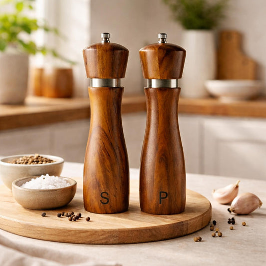 Hochwertige Pfeffermühle aus dunklem Holz mit P-Gravur auf einem Holzbrett in einer hellen Küche.