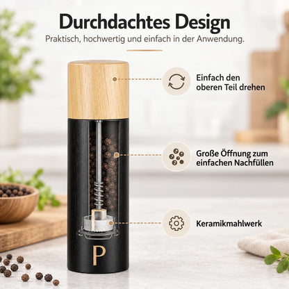 Infografik zum Aufbau der Pfeffermühle mit Drehkopf, großer Nachfüllöffnung und Keramikmahlwerk.
