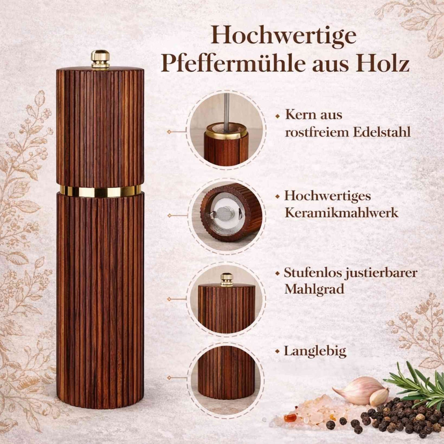 Leicht nachfüllbare Pfeffermühle aus Holz mit modernem Design