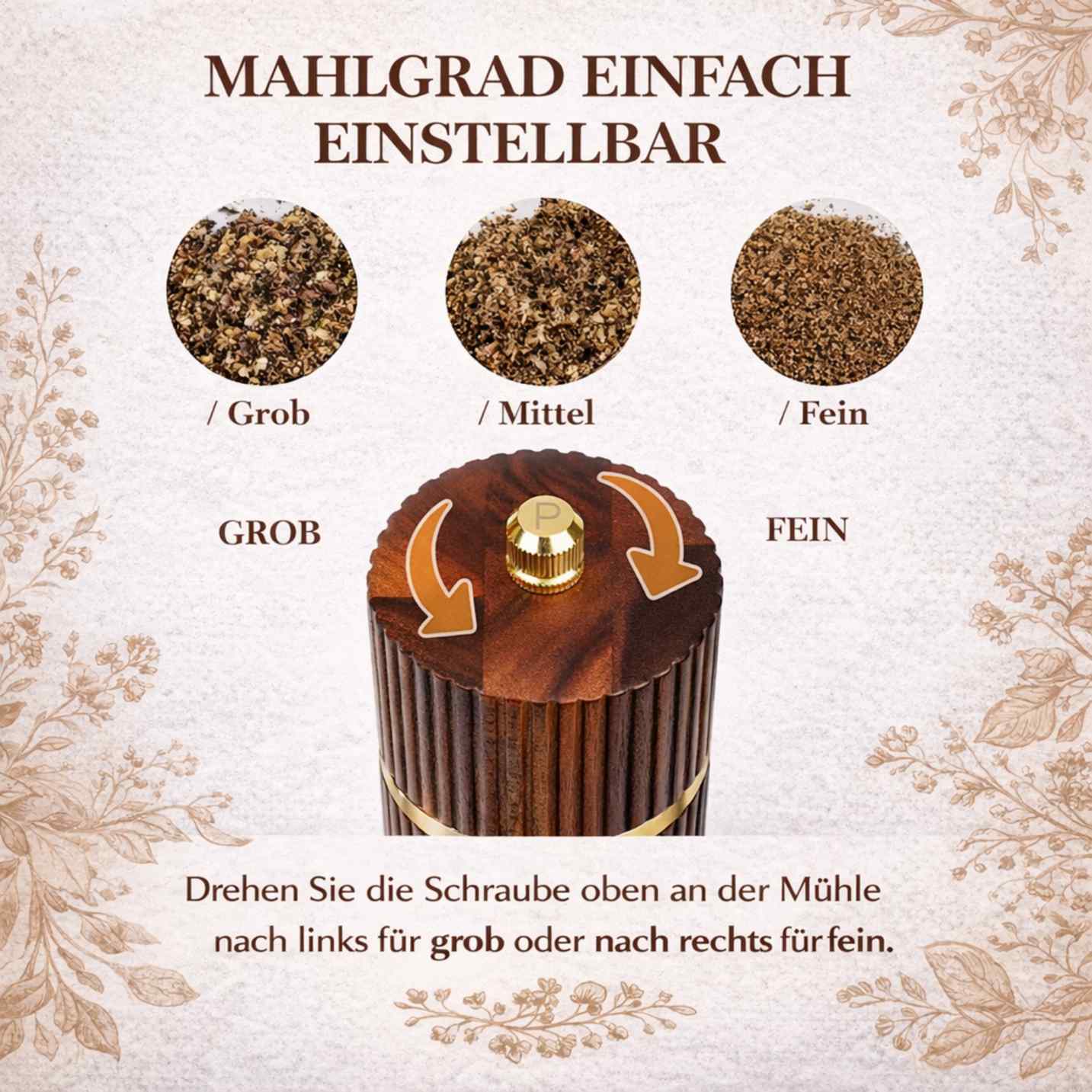 Einstellbarer Mahlgrad Pfeffermühle grob mittel fein Anleitung
