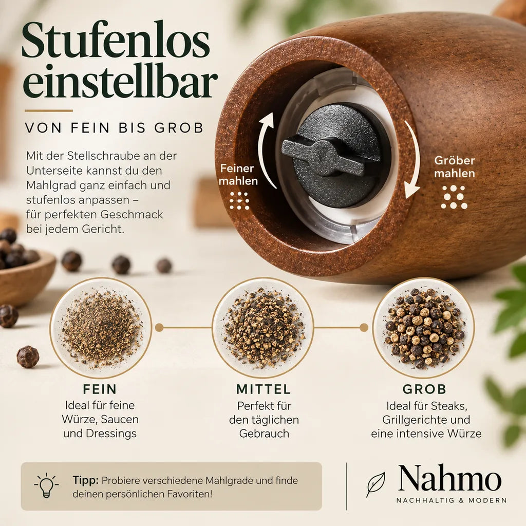 Mahlgrad der Pfeffermühle stufenlos von fein bis grob einstellen