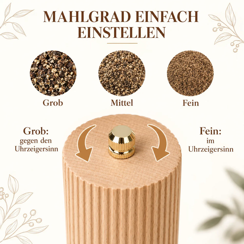 Infografik zur Einstellung des Mahlgrads der Pfeffermühle von grob über mittel bis fein.