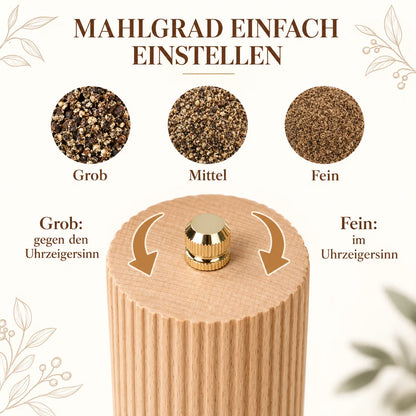 Infografik zur Einstellung des Mahlgrads der Pfeffermühle von grob über mittel bis fein.