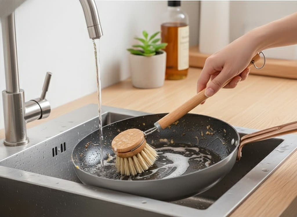 Natürliche Bambus Spülbürste für einen plastikarmen Abwasch in der Küche für Pfannen