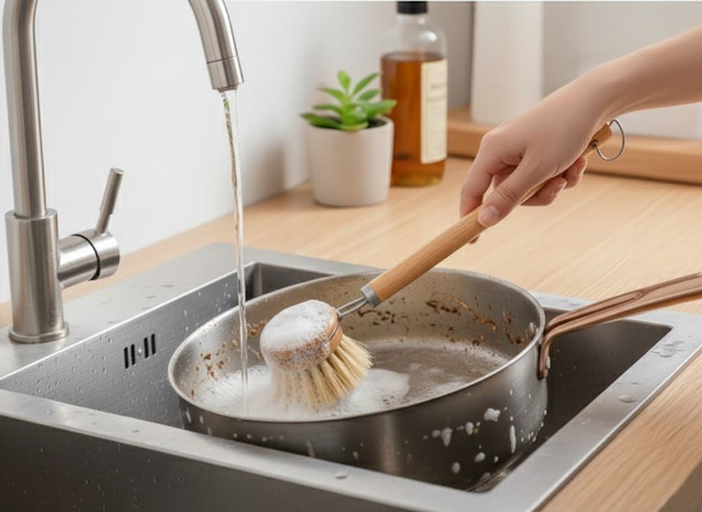 Natürliche Bambus Spülbürste für einen plastikarmen Abwasch in der Küche für Töpfe