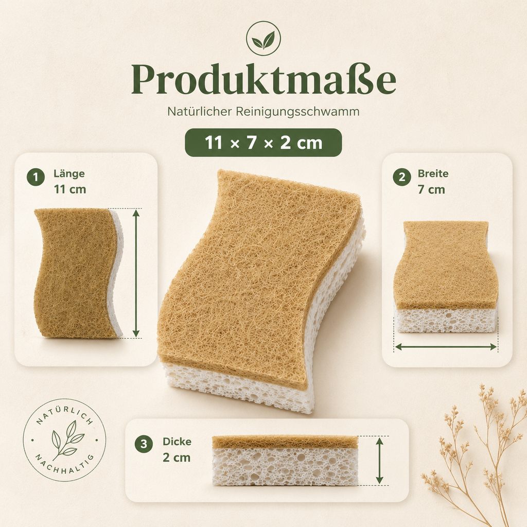Produktmaße des natürlichen Reinigungsschwamms 11 x 7 x 2 cm