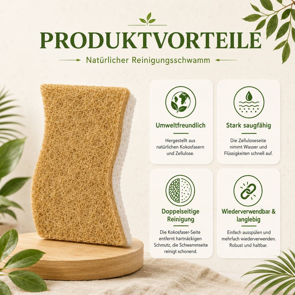 Natürlicher Reinigungsschwamm aus Kokosfaser und Zellulose mit Produktvorteilen