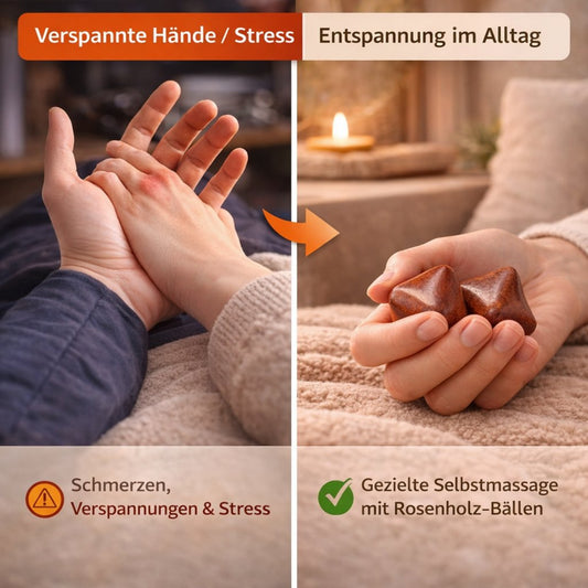 Vergleich verspannte Hände vs Entspannung mit Rosenholz Massagebällen Handmassage Anwendung