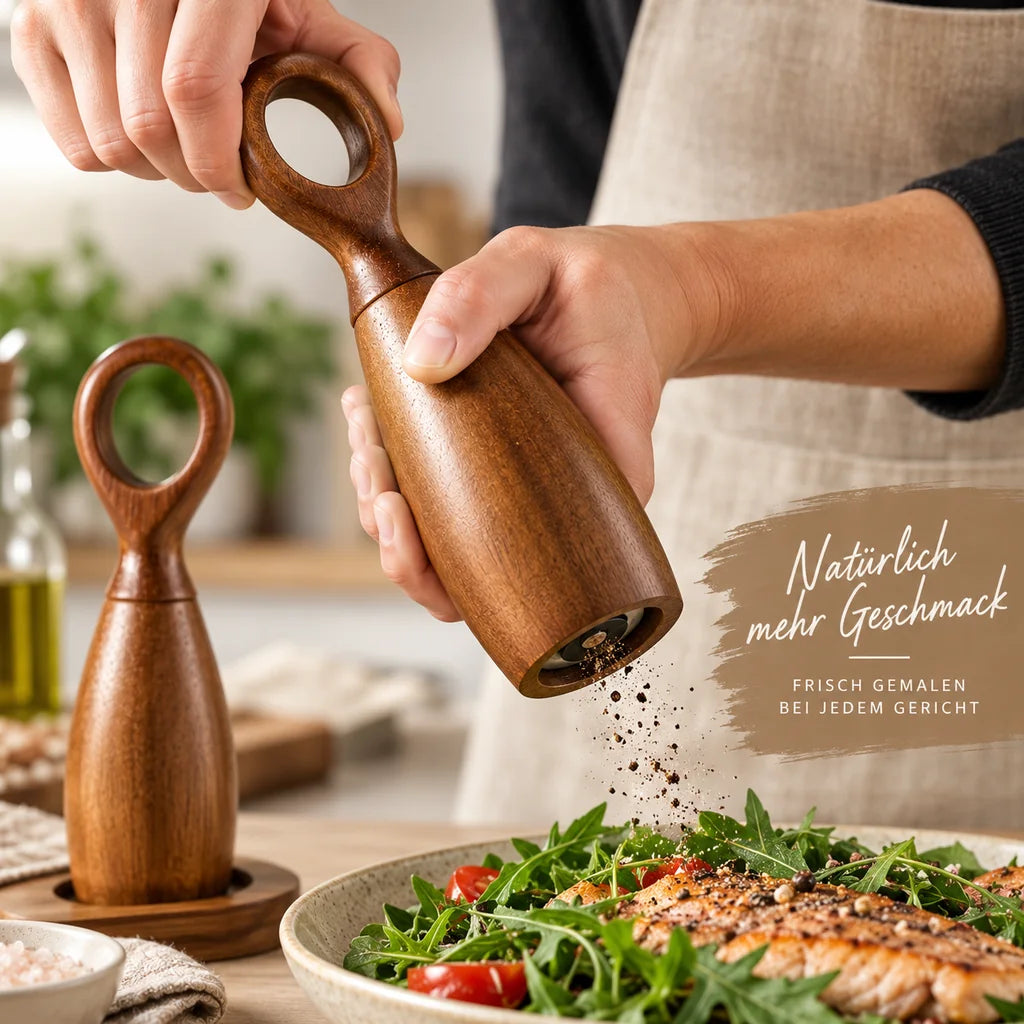 Pfeffermühle aus Akazienholz mit Ringgriff beim Würzen eines Gerichts