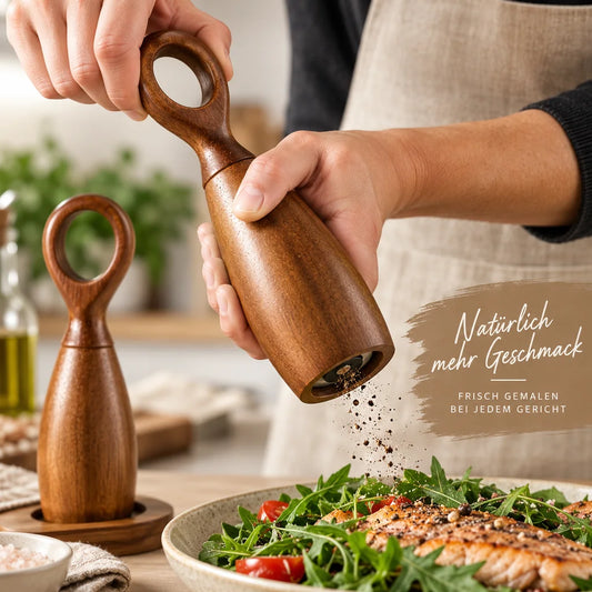 Pfeffermühle aus Akazienholz mit Ringgriff beim Würzen eines Gerichts