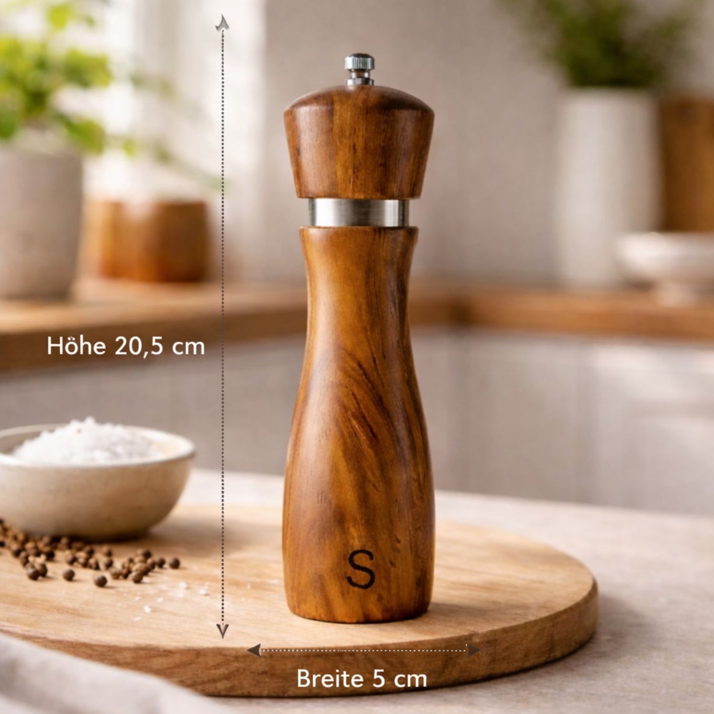 Salzmühle aus Akazienholz mit Keramikmahlwerk, Höhe 20,5 cm und Breite 5 cm