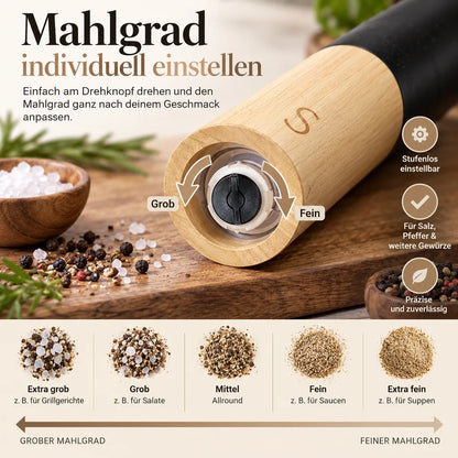 Infografik zur stufenlosen Mahlgradeinstellung der Salz- und Pfeffermühle von grob bis fein.