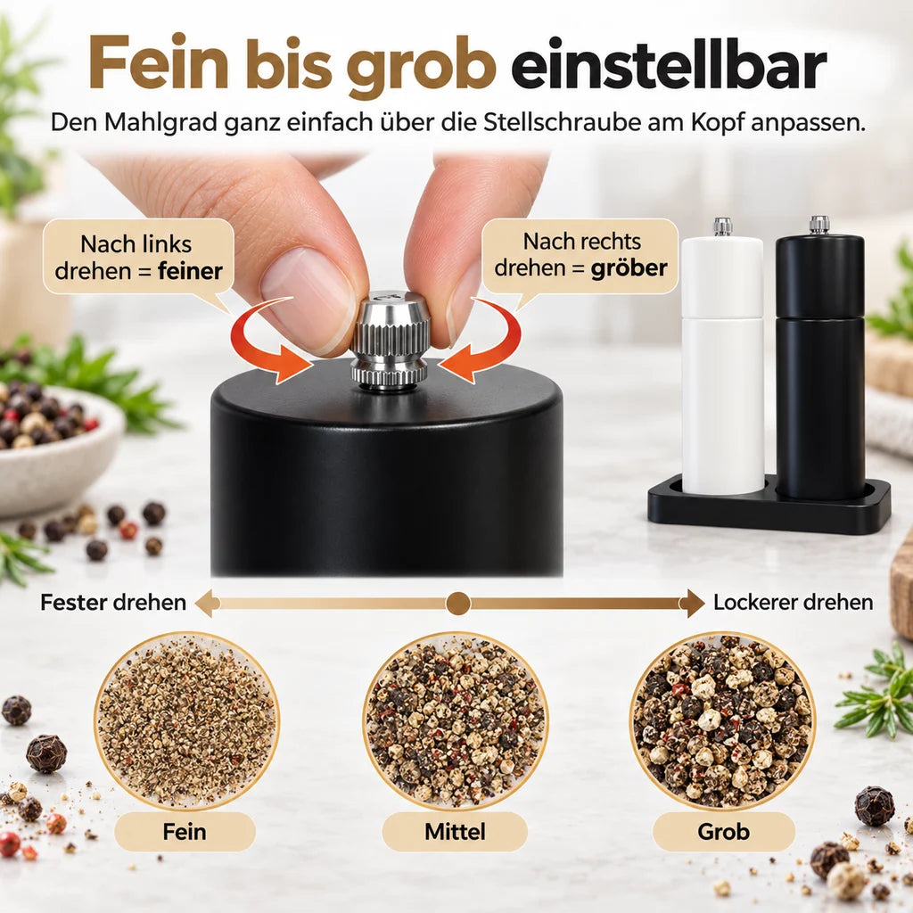Infografik zur Einstellung des Mahlgrads der Salz- und Pfeffermühle von fein bis grob.