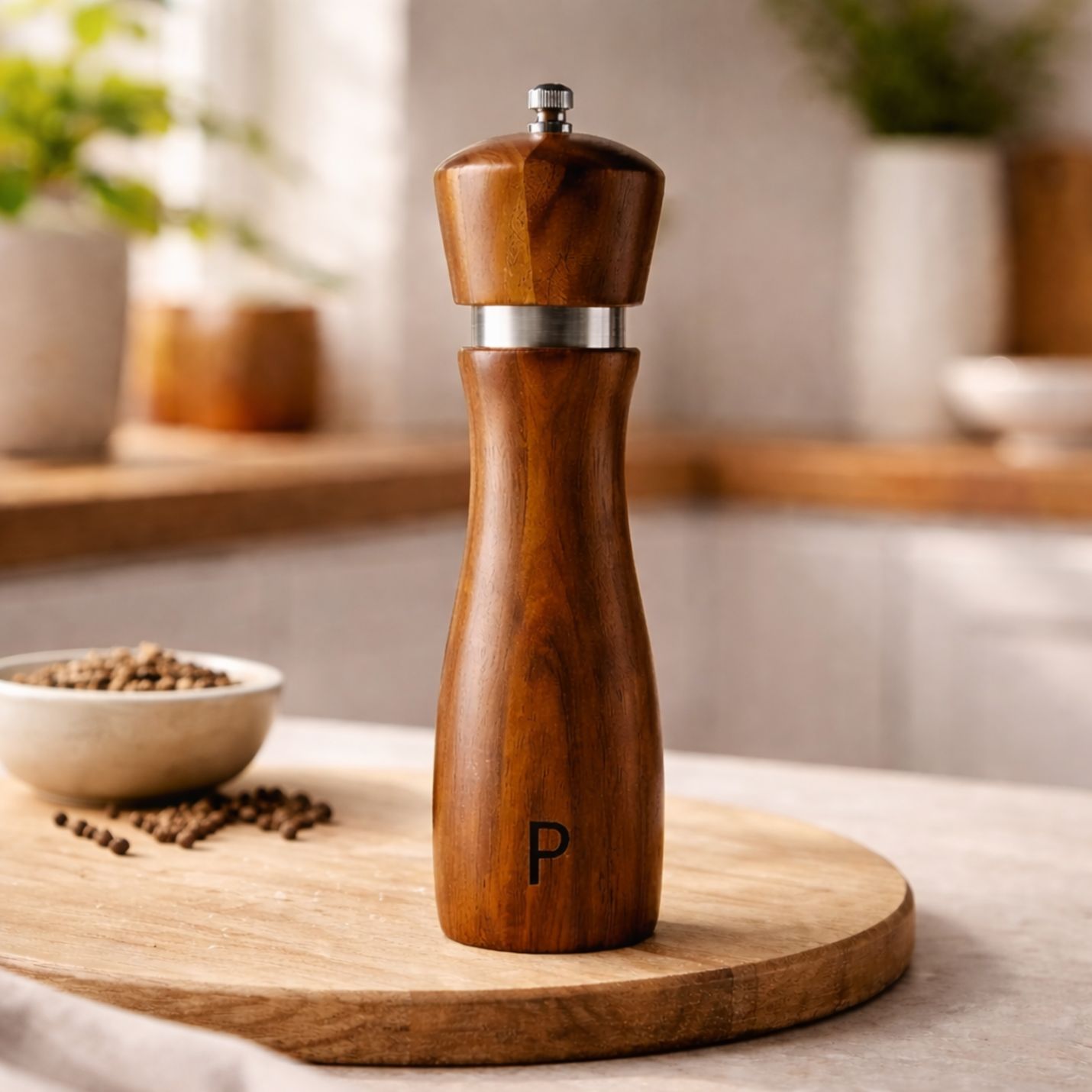 Zweiteiliges Salz- und Pfeffermühlen Set aus Holz auf einem runden Schneidebrett mit frischen Zutaten.