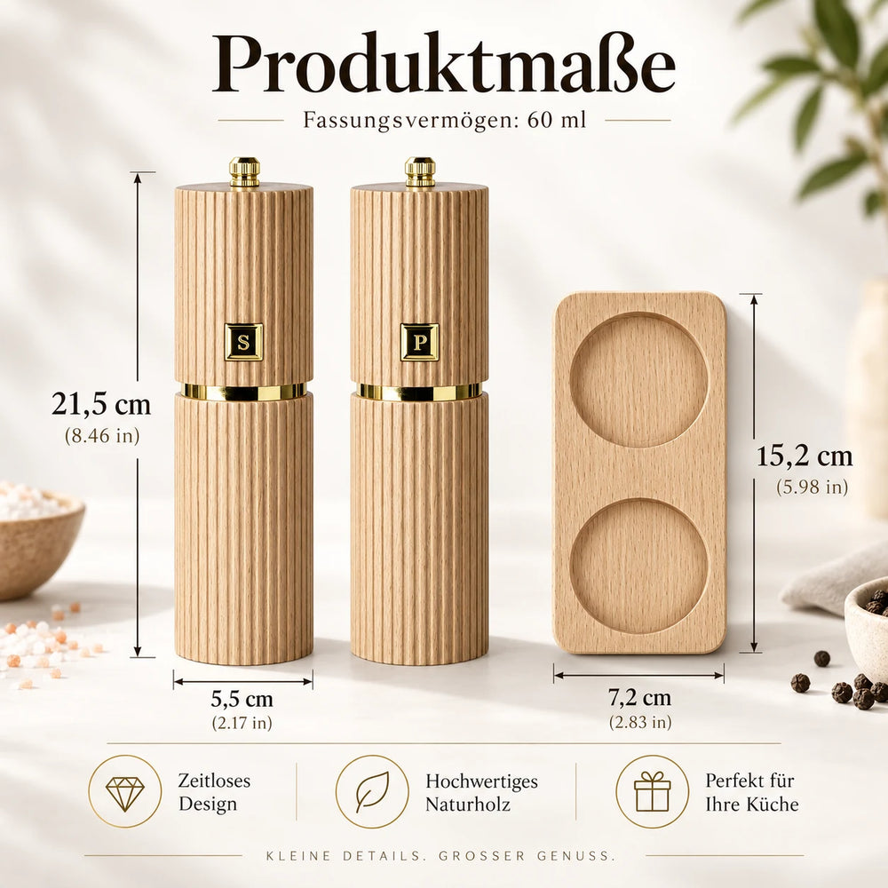 Maßgrafik des Salz- und Pfeffermühlen Sets aus Buchenholz mit 21,5 cm Mühlenhöhe und Holzhalter.