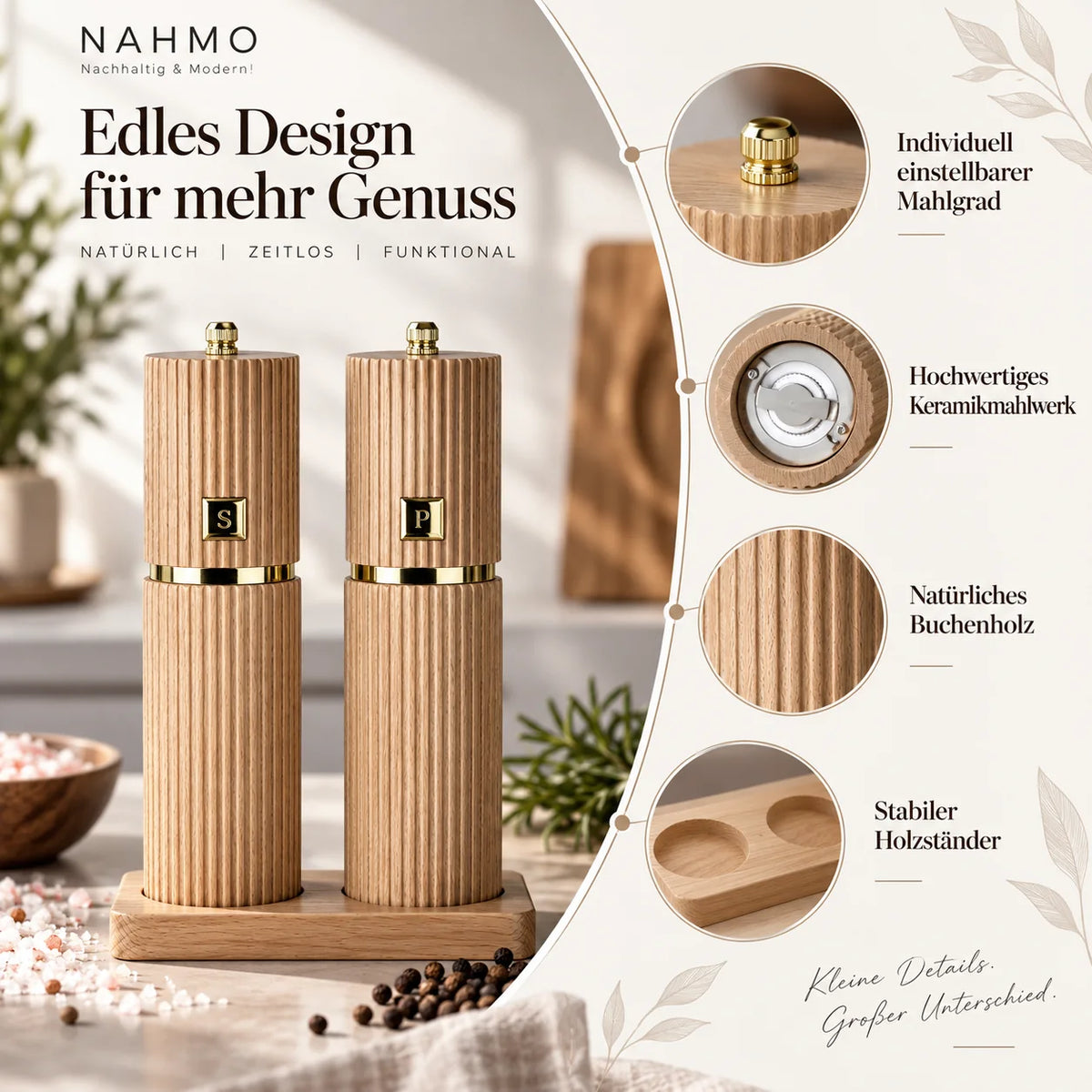 Infografik zu Mahlgrad, Keramikmahlwerk, Buchenholz und Holzhalter des Salz- und Pfeffermühlen Sets.