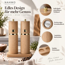 Infografik zu Mahlgrad, Keramikmahlwerk, Buchenholz und Holzhalter des Salz- und Pfeffermühlen Sets.