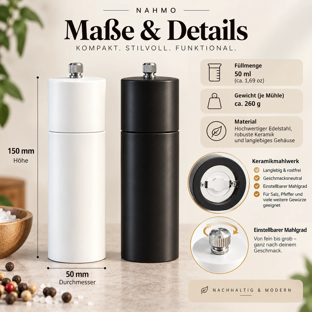 Maßgrafik der Salz- und Pfeffermühlen in Schwarz und Weiß mit 150 mm Höhe, 50 mm Durchmesser und 50 ml Füllmenge.