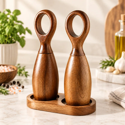 Salz- und Pfeffermühlen Set aus Akazienholz mit Ringgriff und Holzhalter