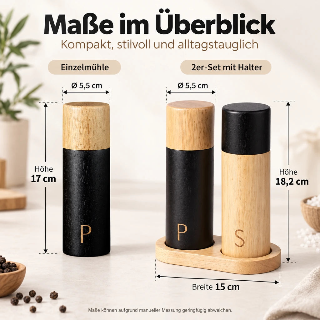 Maßgrafik des Salz- und Pfeffermühlen Sets mit 17 cm Mühlenhöhe, 5,5 cm Durchmesser und 15 cm Halterbreite.