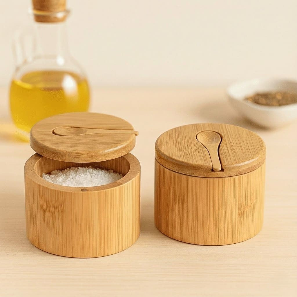 Runde Salzbox aus Bambus mit passendem Deckel und kleinem Holzlöffel