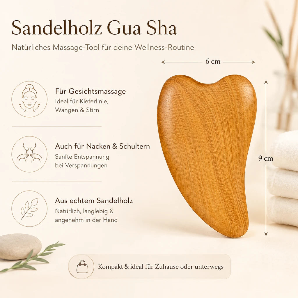 Infografik Sandelholz Gua Sha Massage Tool mit Maßen 6 x 9 cm und Anwendungsvorteilen