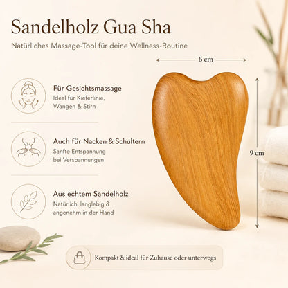 Infografik Sandelholz Gua Sha Massage Tool mit Maßen 6 x 9 cm und Anwendungsvorteilen