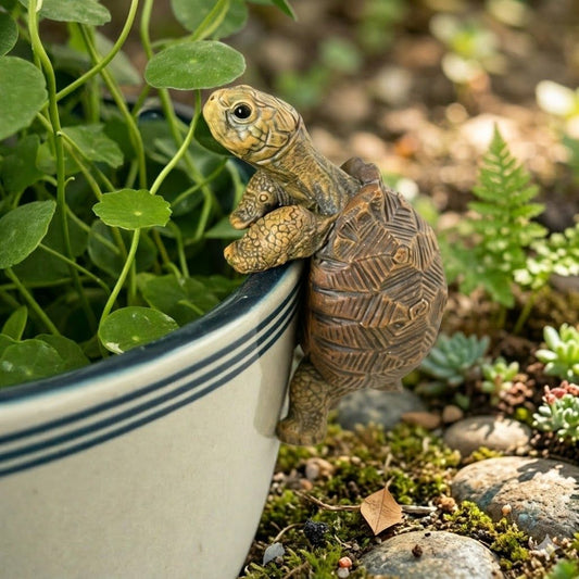 Schildkröte Blumentopf Figur hängt dekorativ an einem Pflanztopf im Garten – kreative Pflanzendeko für Blumen und Pflanzen
