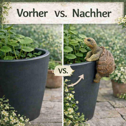 Detailaufnahme einer Schildkröte Blumentopf Deko Figur zum Einhängen an einem Pflanztopf mit grüner Zimmerpflanze